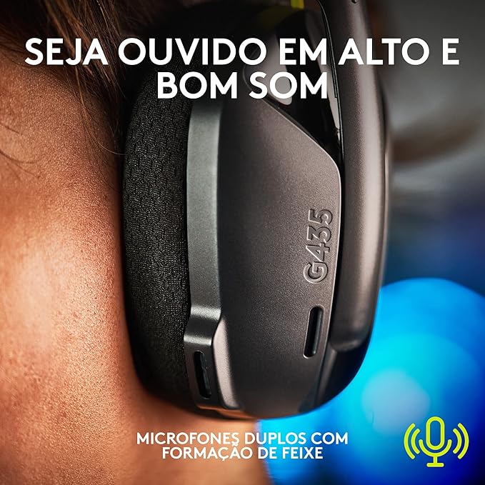 Headset Gamer Sem Fio Logitech G435 LIGHTSPEED, Conexão USB e Bluetooth, Design Leve e Confortável, Microfone Embutido, Bateria de até 18h - Compatível com Dolby Atmos, PC, PS4, PS5, Mobile – Preto