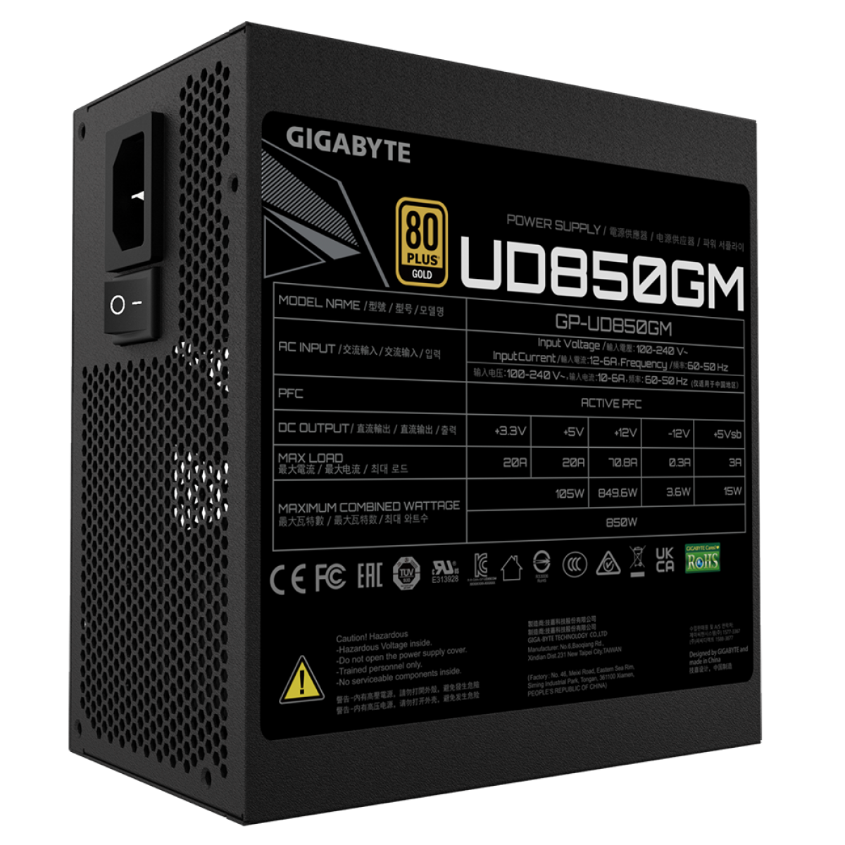 Fonte Gigabyte GPUD850GM, 850W, 80 Plus Gold, PFC Ativo, Full Modular, GP-UD850GM