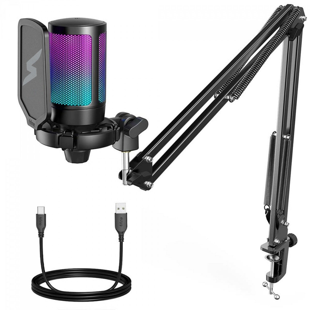 Microfone Gamer Fifine SuperFrame Edition SFM1, RGB, USB, Black, Com Braço Articulado