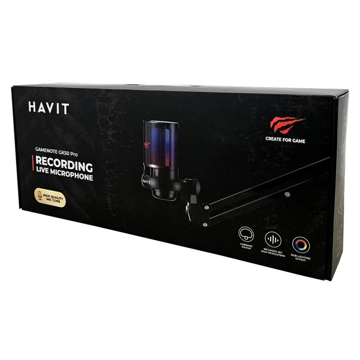 Microfone Gamer Havit Gamenote GK50 PRO, RGB, USB, Preto, Com Braço Articulado, GK50PRO