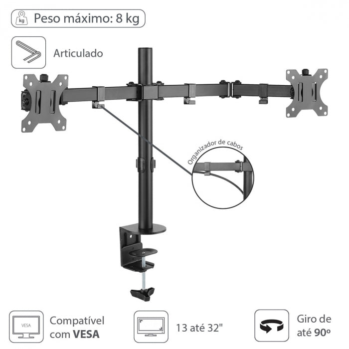 SUPORTE ARTICULADO PARA 2 MONITORES 13''-32'' VESA 100X100 SM-341A