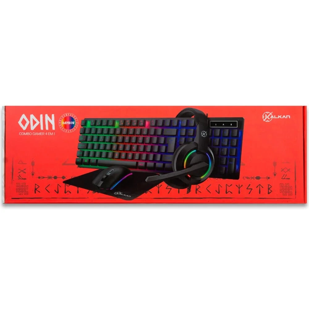 Kit GamerTeclado + Mouse + Mousepad + Headset Kalkan Odin, RGB, USB, ABNT2, 3600 DPI, Preto - KLK00017