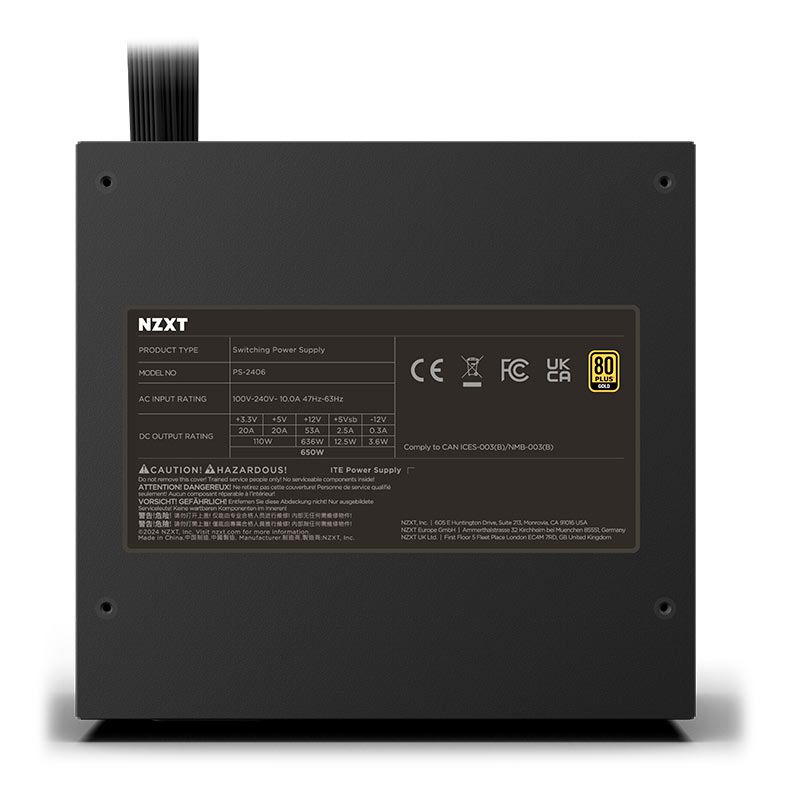 Fonte NZXT C650 Gold, 650W, 80 Plus Gold, PFC Ativo, Preto, PS-2406-OEM